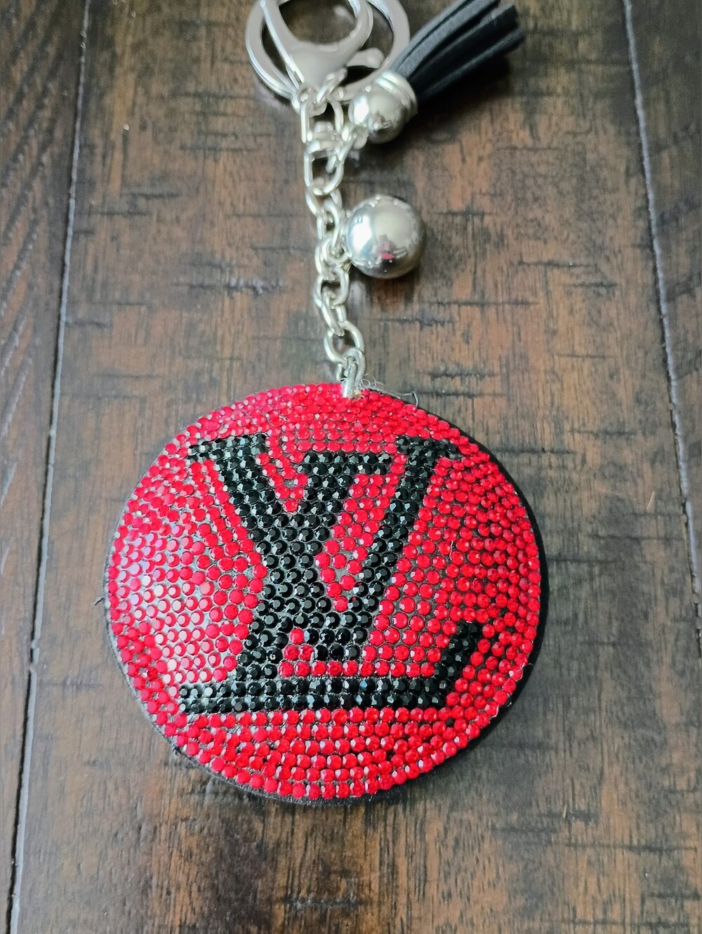 New Red Crystal Monogram Keychain - Black Accent